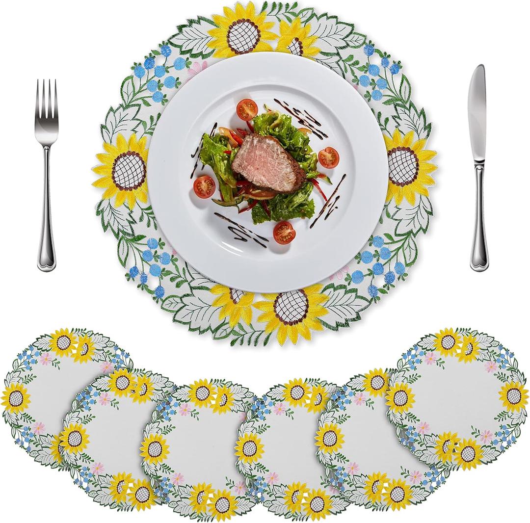 TEWENE Round Placemats Set of 6, Embroidered Washable Sunflower Cloth Table Place Mats Stain Resistant Boho and Farmhouse Style for Dining Room (15'' Round)