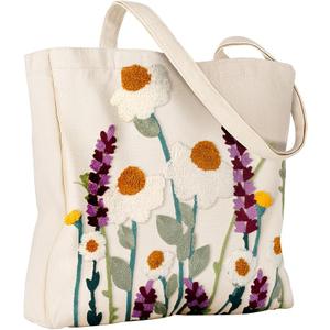Aesthetic Embroidery Tote Bag for Women - Reusable Canvas Cute Shoulder Bag for Shopping, Grocery, Work, Book