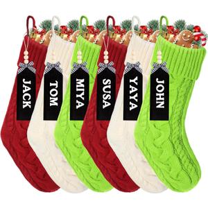 Set of 6 Christmas Stockings,18"Large Personalized Knitted Green Red White Christmas Stockings Customized with Name Tags for Kids Holiday Xmas Family Fireplace Party Hanging Decoration Stockings Gifts