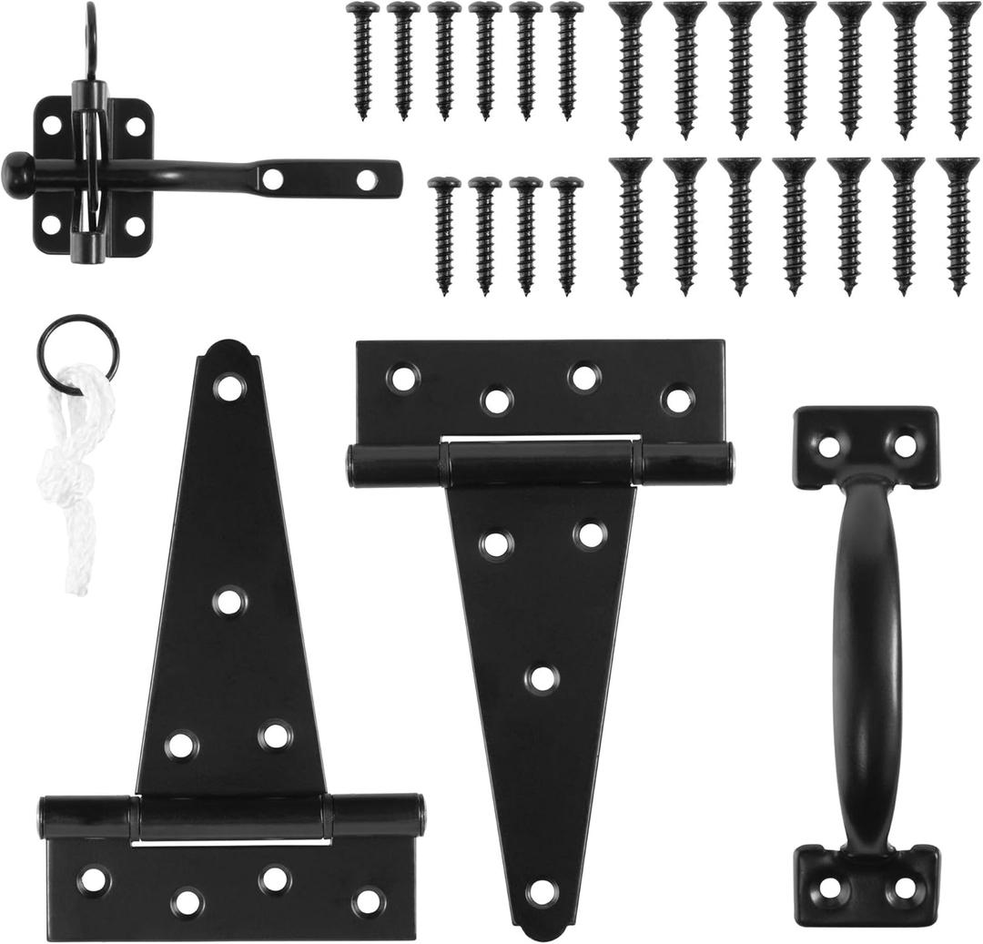 Heavy Duty Gate Hardware Kit,with Self Locking Gate Latch,2 PCS 6inch T-Hinges,1 PC 6.5inch Gate Handle