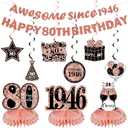 Kuxriox 11Pcs 80th Birthday Decorations Kit for Women, Rose Gold Happy 80th Birthday Banner, Awesome Since 1946 Centerpieces Swirls Party Supplies, Eighty Bday Banner Ceiling Table Topper Sign