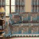 Loom and Mill Luxury Sofa Covers, Classic Patchwork Damask Jacquard Thick Chenille Couch Cover Furniture Protector with Lace Edge and Handmade Tassels for Pet, Dogs and Cats (Blue, 71x118 inch)