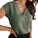 Lynwitkui Women's V Neck Chiffon Blouses Cap Sleeve Shirts Casual Loose Work Office Solid Tops, X-Large