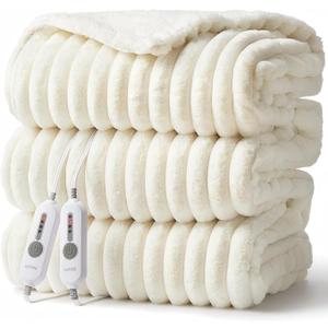 GarveeHome Electric Blanket King, Heated Blanket Dual Control Cozy Faux Rabbit Fur with 4 Heating Levels & 10H Auto Off, OverHeat Protection, Machine Washable, ETL Certification, Beige White 90"x100"