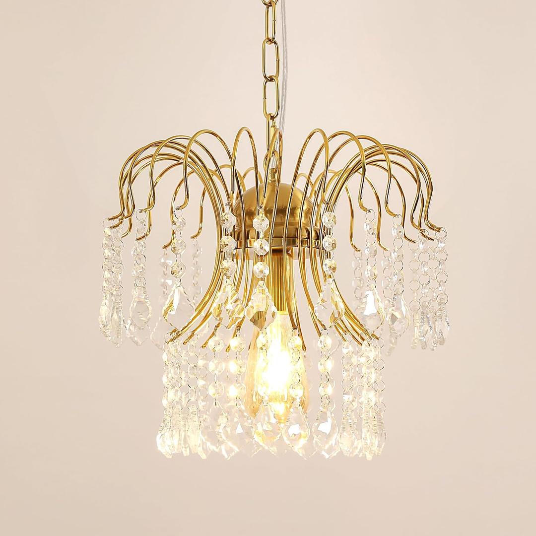 Goeco Crystal Gold Pendant Light Fixtures for Kitchen Island, E26 Bulb 1-Light Crystal Hanging Lights Fixture, Elegant Adjustable Pendant Lighting for Dining Room Bedroom, 13.77 inches x 13.77 inches x 59.05 inches