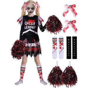 Dead Cheerleader Costume for Girls, Scary Bloody Kids Halloween Costumes for Halloween Dress Up Parties (Medium(8-10), Red)