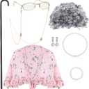 BBTO 100 Days of School Costume Old Lady Costume for Kids Granny Wig Shawl Grandma Outifits with Glasses and Accessories