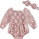 FOMOYUU Newborn Baby Girl Romper Fall Long Sleeve Square Neck Smocked Flower Print Clothes Outfit with Headband (Pink)