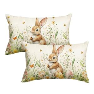 AVOIN colorlife Easter Eggs Bunny Throw Pillow Covers, 12 x 20 Inch Wildflowers Butterfly Cushion Case Decoration for Sofa Couch Set of 2