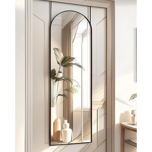 BEVERDY Full Length Mirror Over The Door, 14"x 48" Arched Vertical Wall Mirror for Full Body, Hanging Door Mirror, Black