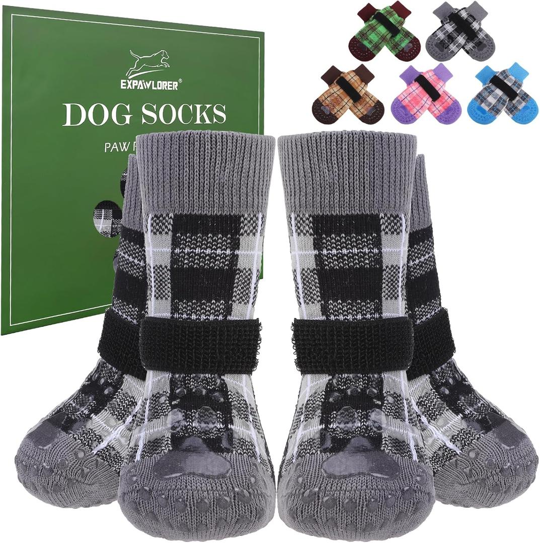 EXPAWLORER Dog Socks to Prevent Licking Paws, 4 Pcs Double Sided Anti Slip Dog Socks with Grippers, Dog Shoes Grips for Hardwood Floors, Dog Booties for Small Medium Large Senior Dogs, Black S