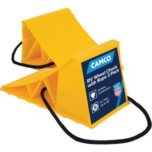 Camco Camper & RV Wheel Chock with Rope - Keeps Trailer in-Place to Safely Unhitch or Park - Compatible with Wheels Up to 26 in Diameter & Molded of Heavy-Duty Hard Plastic - 2-Pack - 44471