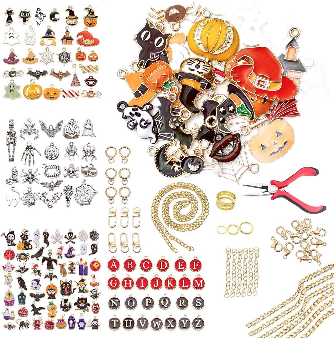 215Pcs Keychain Making Kit with 124 Charms 22 Keychain Clips, Extender Chains and Piler, Halloween Ghost Bat Witch Hat Charms for DIY Crafts Supplies & Jewelry Making Women Bag Party Favor Gifts