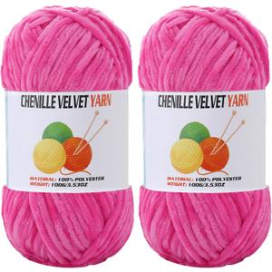2 * 100g Velvet Chenille Chunky Yarn, Handcrafts Weaving Soft Chenille Yarn for Crocheting Clearance, Used for Making Baby Yarn Blanket, Clothes, Knitting Creations (Deep Pink)