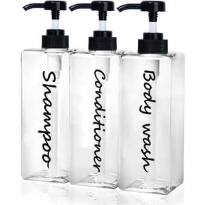 Shampoo Dispenser - Refillable Shampoo and Conditioner Bottles (Clear, Set of 3, 21oz) - Modern Shampoo Bottles for Shower Soap - Empty Shampoo Conditioner Body Wash Dispenser Set - for Bathroom (Black)