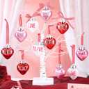 Jutom 12 Pcs Valentine's Day Heart Ornaments for Small Tree Heart Shaped Hanging Ornaments Baubles Painted Kiss Hug Pendant Valentines Hanging Decorations for Party (Red,White,Pink)