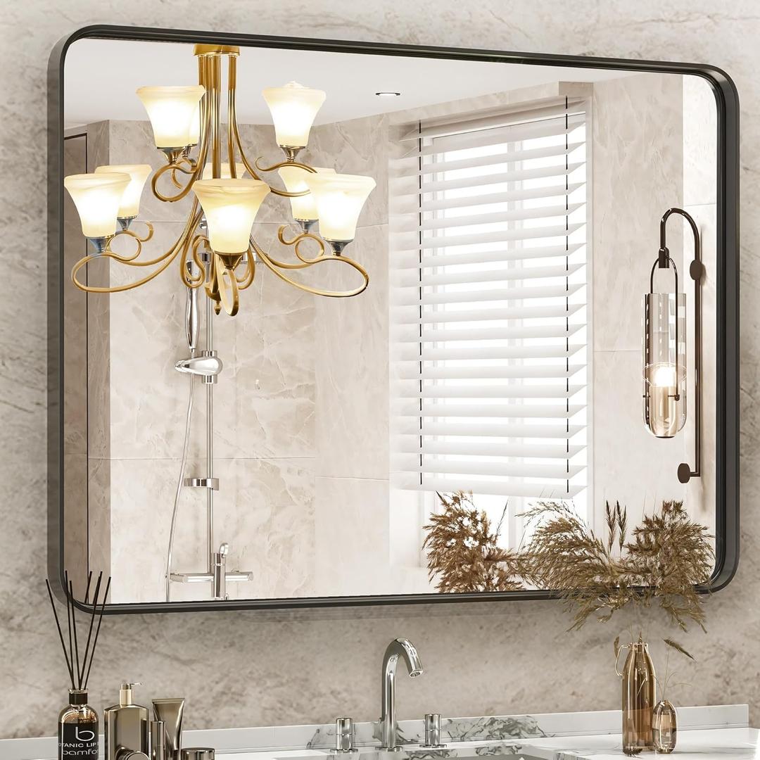 DUMOS Black Vanity Bathroom Mirror for Wall, Metal Framed Rounded Rectangular Modern Mirrors for Over Sink, 30x40 Inch for Farmhouse, Tempered Glass, Hangs Horizontally or Vertically