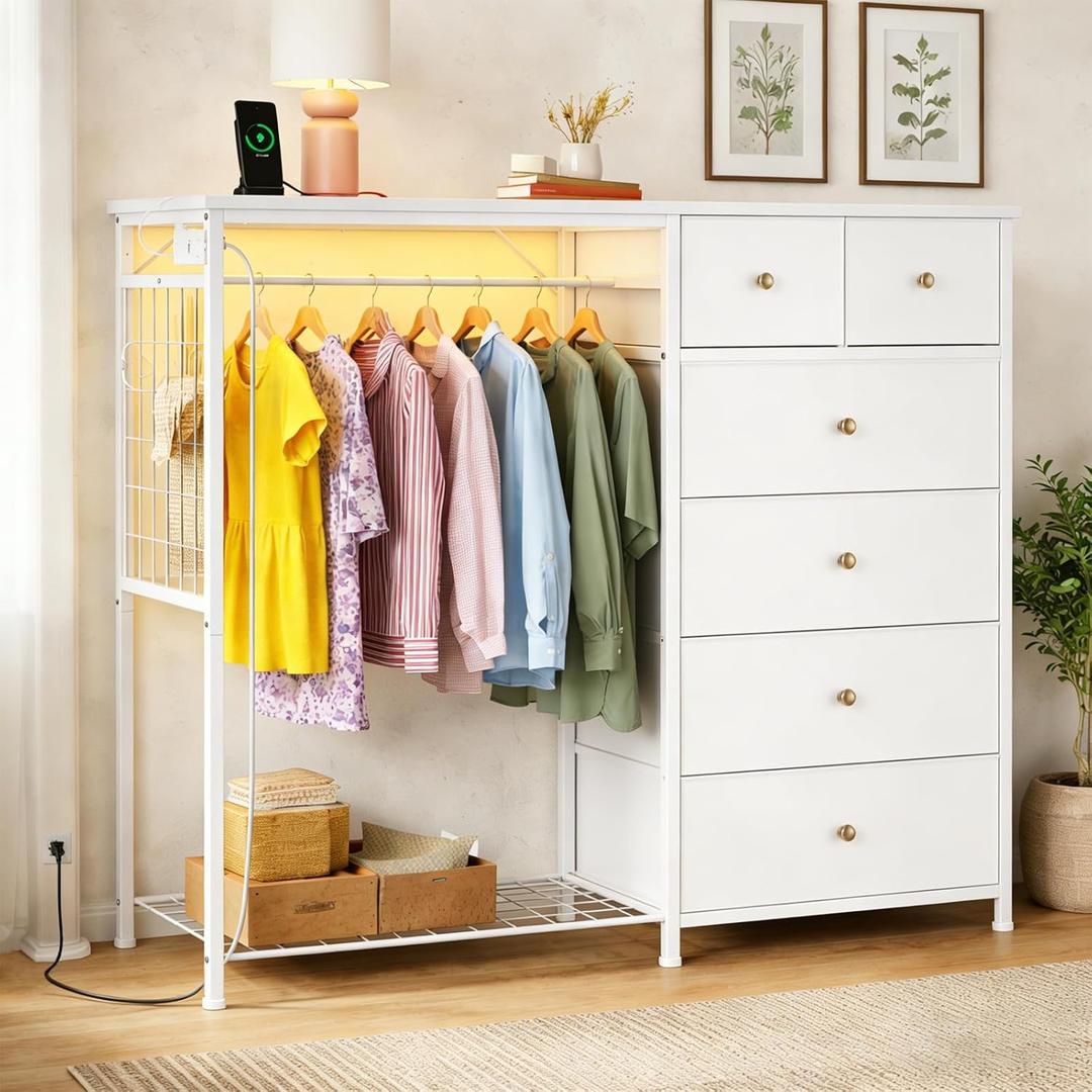 Simple Deluxe Storage Clothes Rack with 6 Drawers, Charging Station & LED Lights, Fabric Chest Shelves Clothing Rack, Wooden Portable Wardrobe Closet, 49.2" W x 15.7" D x 47.2" H, White
