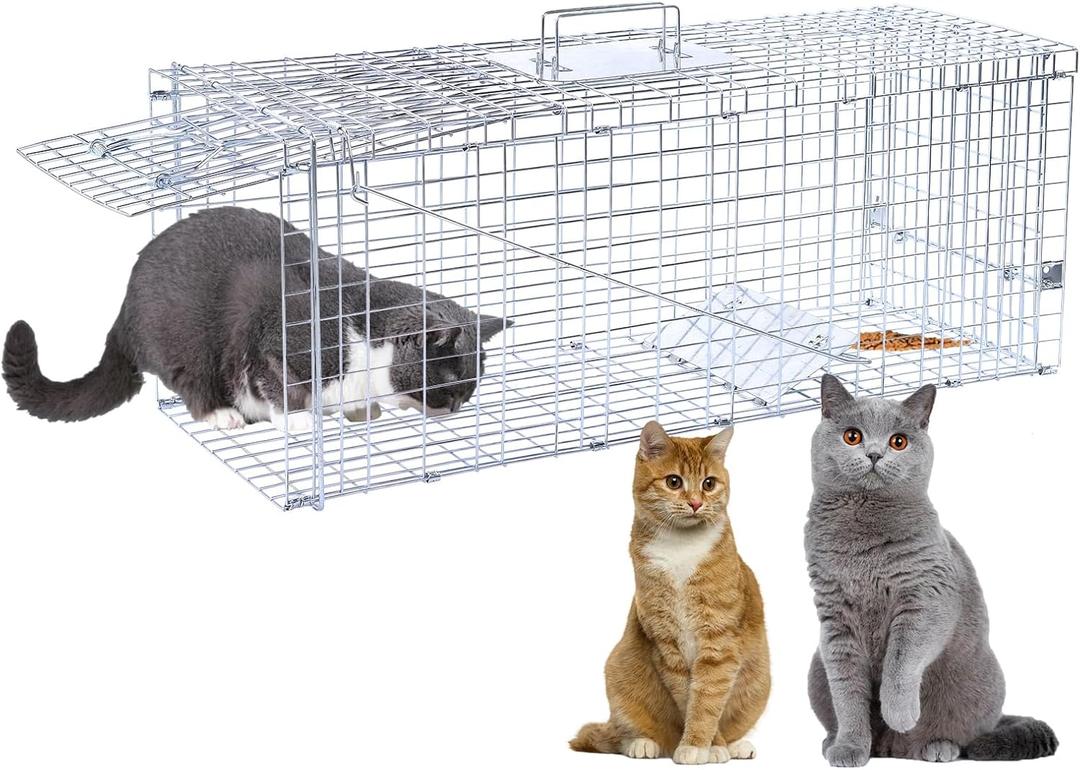 32" Humane Animal Trap, Live Animal Trap Cage for Stray Cats, Raccoons, Squirrels, Rabbits, Moles, Groundhogs, Armadillos up to 16.5 lbs, Galvanized Rustproof Live Animal Cage Trap