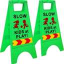 Slow Kids at Play Sign, Children at Play Safety Signs with Double-Sided Text and Graphics with Reflective Tape for Street Neighborhoods Schools Park Sidewalk Driveway Green 2Pack