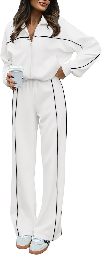 BTFBM Women's Two Piece Tracksuit Spring 2026 Long Sleeve Zip Up Sweatshirt Long Pants Outfits Jogger Sweatsuit Sets (L)