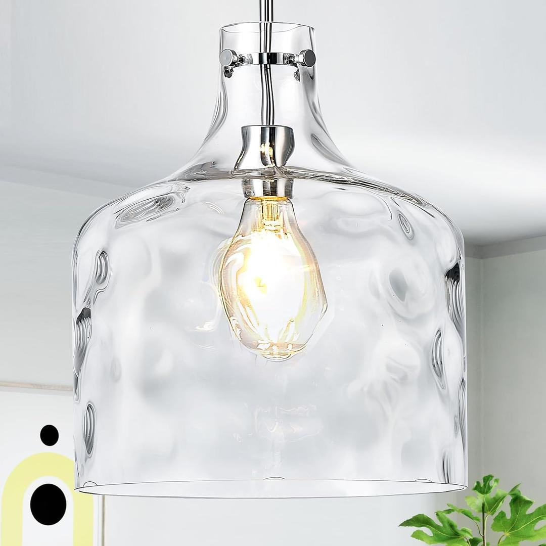 Extra Large 16" Vintage Farmhouse Pendant Light  Hand-Blown Clear Hammered Glass Shade, Adjustable Chain Hanging Light for Kitchen Island, Hallway, Dining Room, Chrome