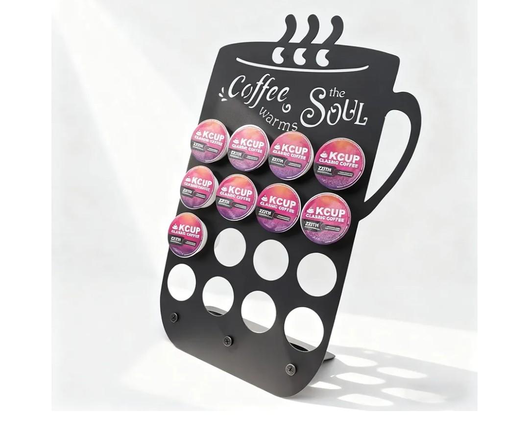 Metal K Cups Coffee Pod Holder, 19 Pods Holder Display,Coffee Bar Organizer for Home ,Kitchen,Office or Workspace, Black frosted Capsule Storage | Stylish Lettering Decor (Coffee Warms Soul)