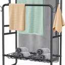 Kayfia 40" Tall Standing Towel Racks, 3 Tier Towel Stand Blanket Rack with 2 Removable Storage Baskets & 6 Hooks, Indoor Outdoor Freestanding Towel Racks for Bathroom Bedroom Organizer (Black)