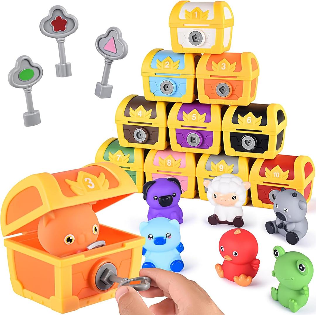Montessori Learning Toys for Toddler 3 4 5, 30pcs Surprise Treasure Box Locks with Keys, Farm Animals Finger Puppets, Matching & Sorting Game, Fine Moto Skill Develop Toy, Gift for Baby Boys Girls