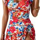 One Piece Swimdress Tummy Control Ruffle Swimsuit for Women Tie Knot Swim Dresses V Neck Bathing Suit Skirt, L
