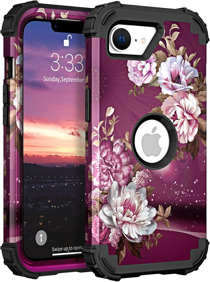 Hocase for iPhone 17e/iPhone 16e Case, Heavy Duty Shockproof Protection Hard Plastic+Silicone Rubber Hybrid Protective Phone Case for iPhone 17e/16e 6.1" - Royal Purple Flowers