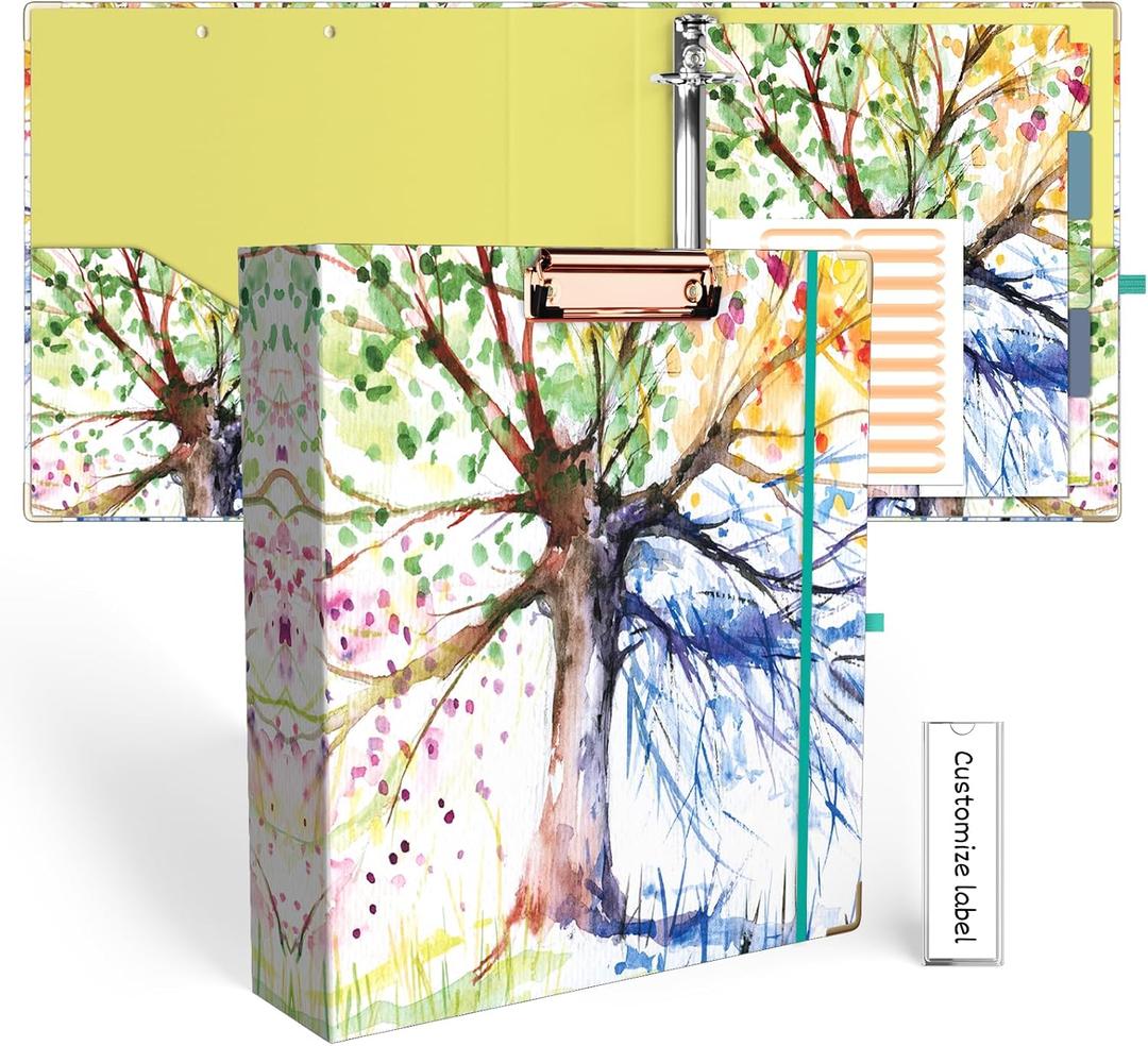 EYROZILL 2 Inch 3 Ring Binders with clipboard for Letter-Size 11" x 8.5" Three Ring Binder with 5-Tab Dividers and File Folder Labels for School Class Office Supplies, Season Tree