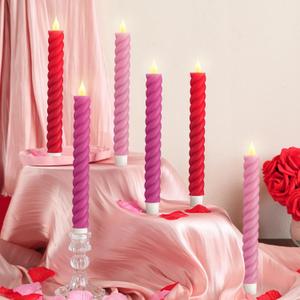 Baquler 6 Pcs Flameless Taper Candle Pink and Red Twisted LED 9.65 Inch Taper Candles Battery Operated Twisted Candlestick for Spring Birthday Home Party Dinner Table Decor