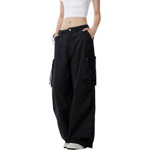 WZIKAI Womens Parachute Cargo Pants Y2K Baggy Cargo Pants Wide Leg Casual Joggers with Pockets (Small, Black)