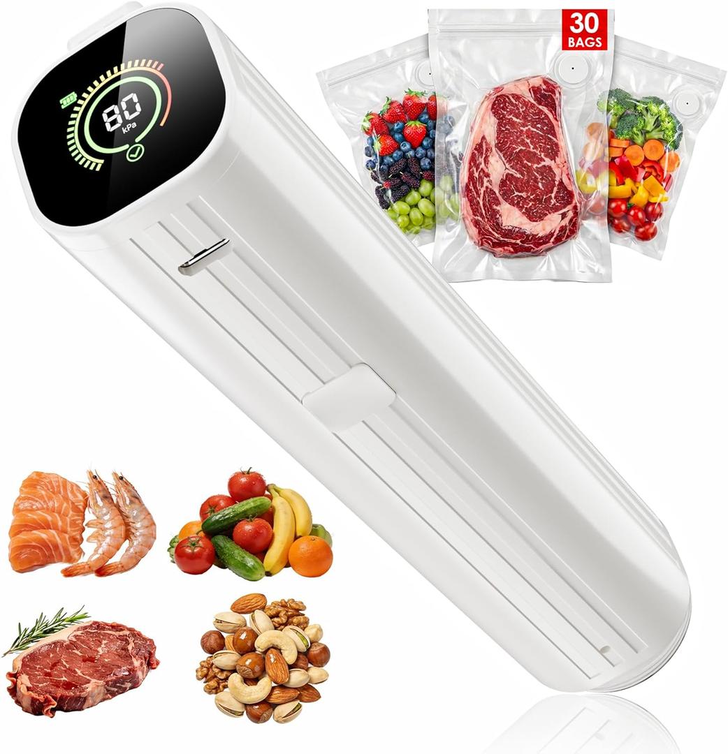 Compact Vacuum Sealer for Food (Vacuum Sealer Machine + 30 Reusable Vacuum Bags) Powerful Handheld Vacuum Sealer Machine, Featuring LED Pressure Display, Portable Food Sealer