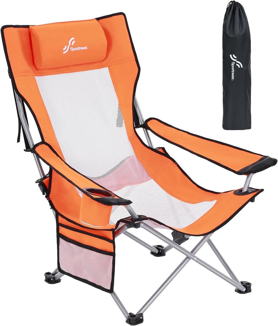 Sportneer Beach Chair: Adjustable Folding Chair with Cup Holder & Side Pocket - Portable & Compact Beach Chairs for Adults with Reclining Positions for Camping Picnic and Outdoor, Orange