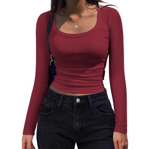 Zeagoo Womens T Shirts Long Sleeve Top Cute Fitted Square Neck Fall Tops 2025 Fashion Work Tee Clothing Wine Red, Small