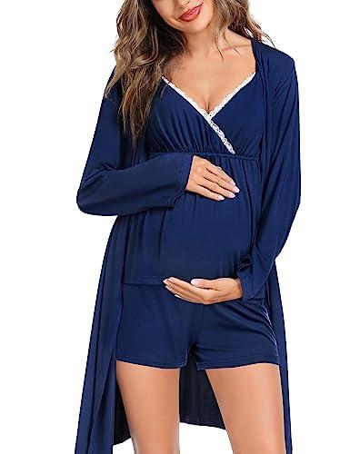 SWOMOG Womens Maternity Robe Set 3 Piece Nursing Pajamas for Breastfeeding 3 in 1 Labor Delivery Hospital Pregnancy Pjs Navy Blue, Size XL