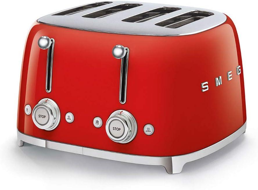SMEG 4 Slice Toaster TSF03, Retro Stainless-Steel Toaster with Wide Slots for Bagels, 6 Browning Levels, Defrost Reheat Bagel Functions, Dual Controls, Crumb Trays,1800W - TSF03RDUS - Red