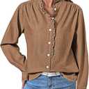 Sidefeel Womens Denim Shirt Button Down Long Sleeve Ruffled Edge Jean Blouses Tops (Large, Brown)