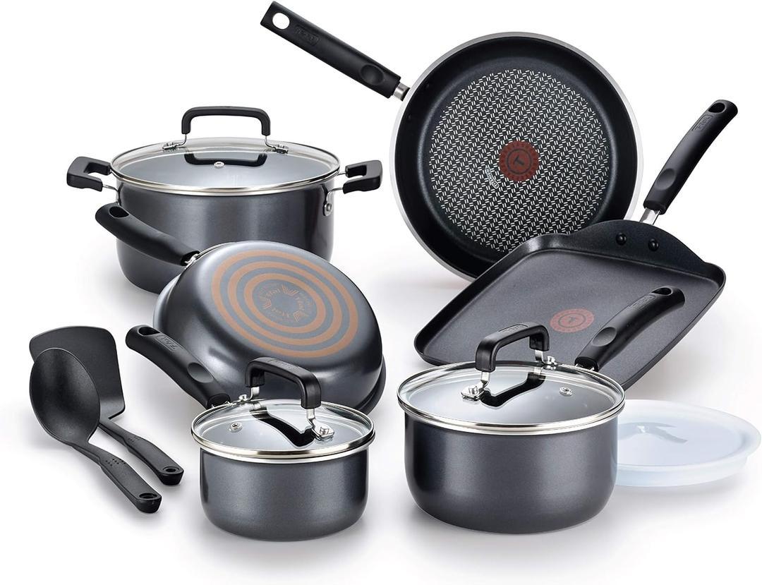 T-fal Signature Nonstick Cookware Set 12 Piece Oven Safe 350F Pots and Pans, Dishwasher Safe, Gray 