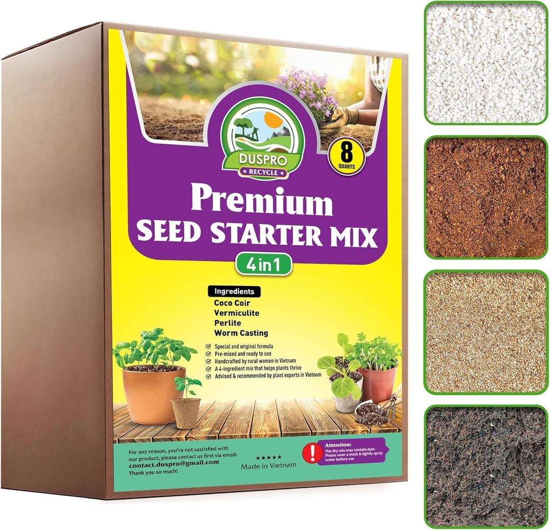 Seed Starter Potting Soil Mix, 8 Dry Quarts, Ready-to-Use Peat-Free Coco Coir Seed Starting Mix 4-in-1 Blend with Perlite, Vermiculite & Worm Castings for Germination & Seedlings