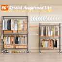 Homdox Heavy Duty Rolling Clothing Rack, Adjustable Garment Rack with 3 Tier Storage Shelves, Freestanding Closet Wardrobe for Hanging Clothes with Side Hooks, Gray