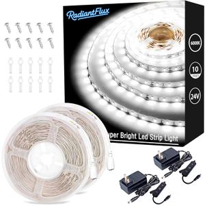 RadiantFlux 2 Sets of 10ft Light Strips,Dimmable 24V LED Strip Lights,White LED Strip Lights,Super Bright LED Light Strip,Flexible LED Lights for Bedroom, Cabinet, Mirror, Christmas Decor