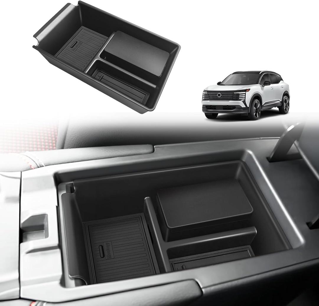 Muslogy Center Console Organizer Compatible with 2025 Nissan Kicks Accessories Armrest Middle Console Divider Storage Box with Coin Holder Card Slot Tray Divider Insert Organizer