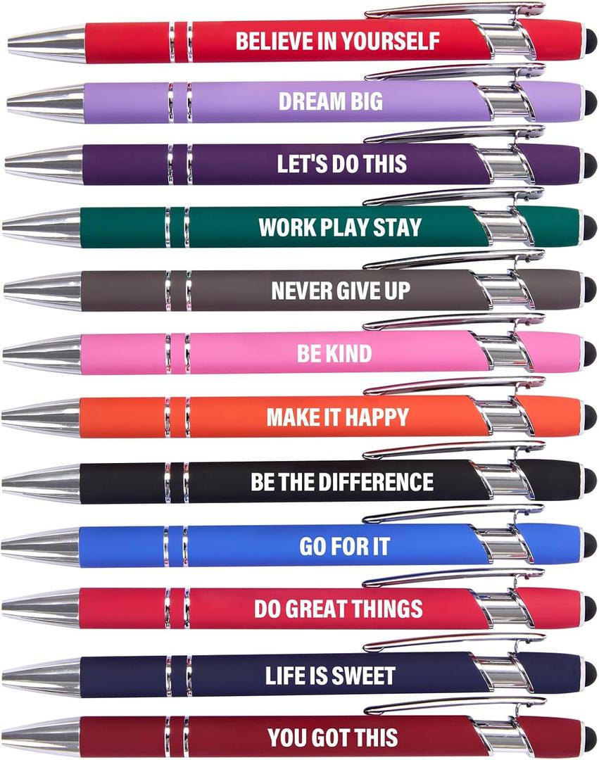 Funny Pens - 12 Pack Fine Point Smooth Writing Pens with Inspirational Tips, Black Ink, Touch Stylus Screens, Motivational Gift for Office & Desk Accessories