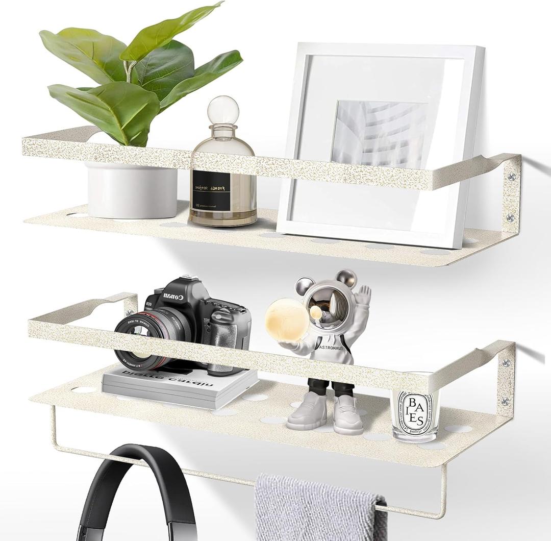 Uten Floating Shelves, Wall Mounted Iron Shelves Set of 2, Bathroom Storage Iron Shelves with Towel Rack, Wall Hanging Organizer Decor Shelf for Bathroom, Kitchen, Bedroom, Living Room