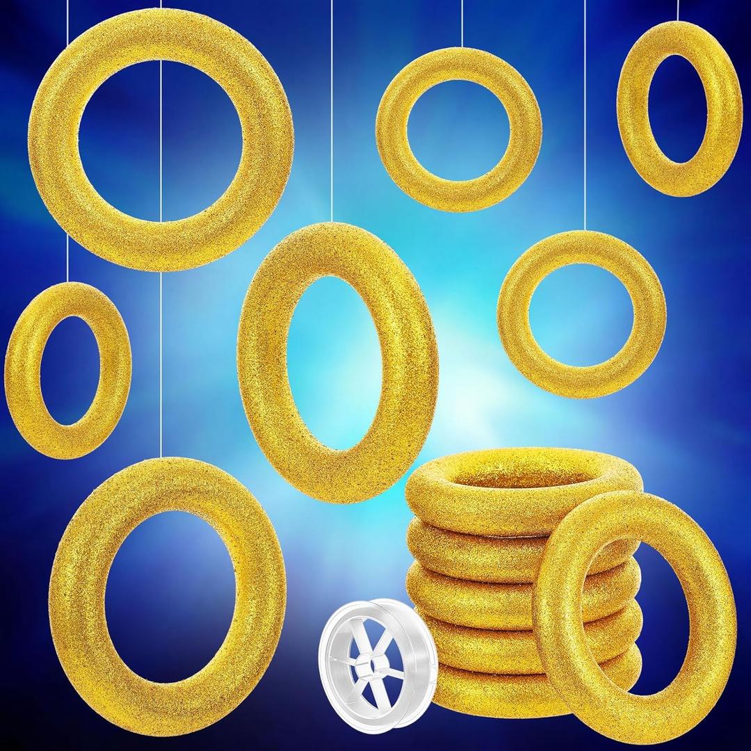 Soulchen 7 Pcs 8'' Glitter Gold Ring Birthday Party Decor Video Game Theme Gold Rings Table Centerpiece Cartoon Characters Themed Birthday Party Golden Wreath Circle Wedding DIY Craft Decor