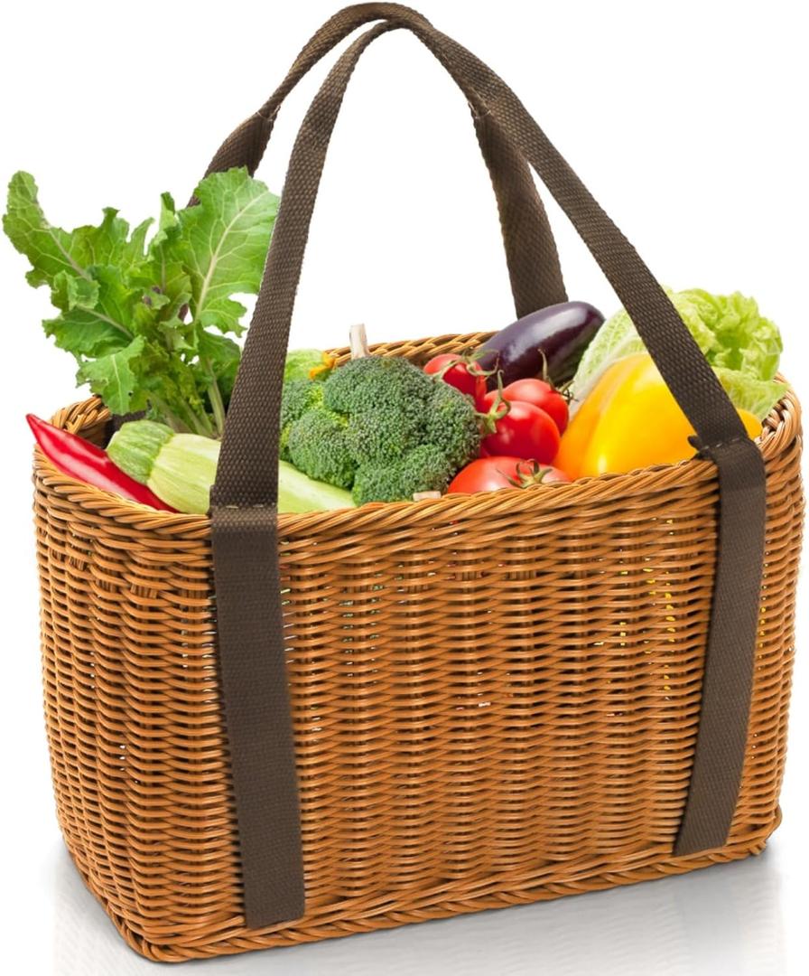 Wicker Shopping Basket with Handle, 12" x 8.5" x 6" Hand-Woven Picnic Basket, Open Top Market Harvest Basket for Food Storage, Kitchen Organization, Home Decor, Camping, Easter Eggs, Gifts