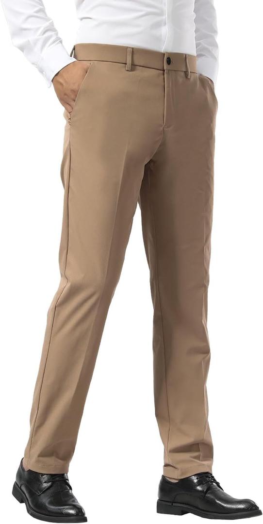 Plaid&Plain Men's Dress Pants Slim Fit Stretch Khaki Pants Wrinkle Free 8802 Khaki 32x30